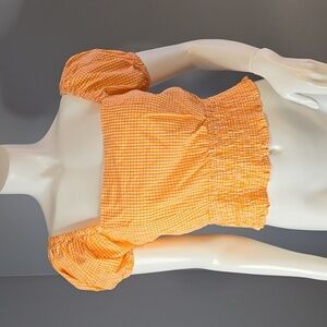 Sim & Sam Orange White Gingham   Smock Waist Tie Back On Off Shoulder Crop Sz M